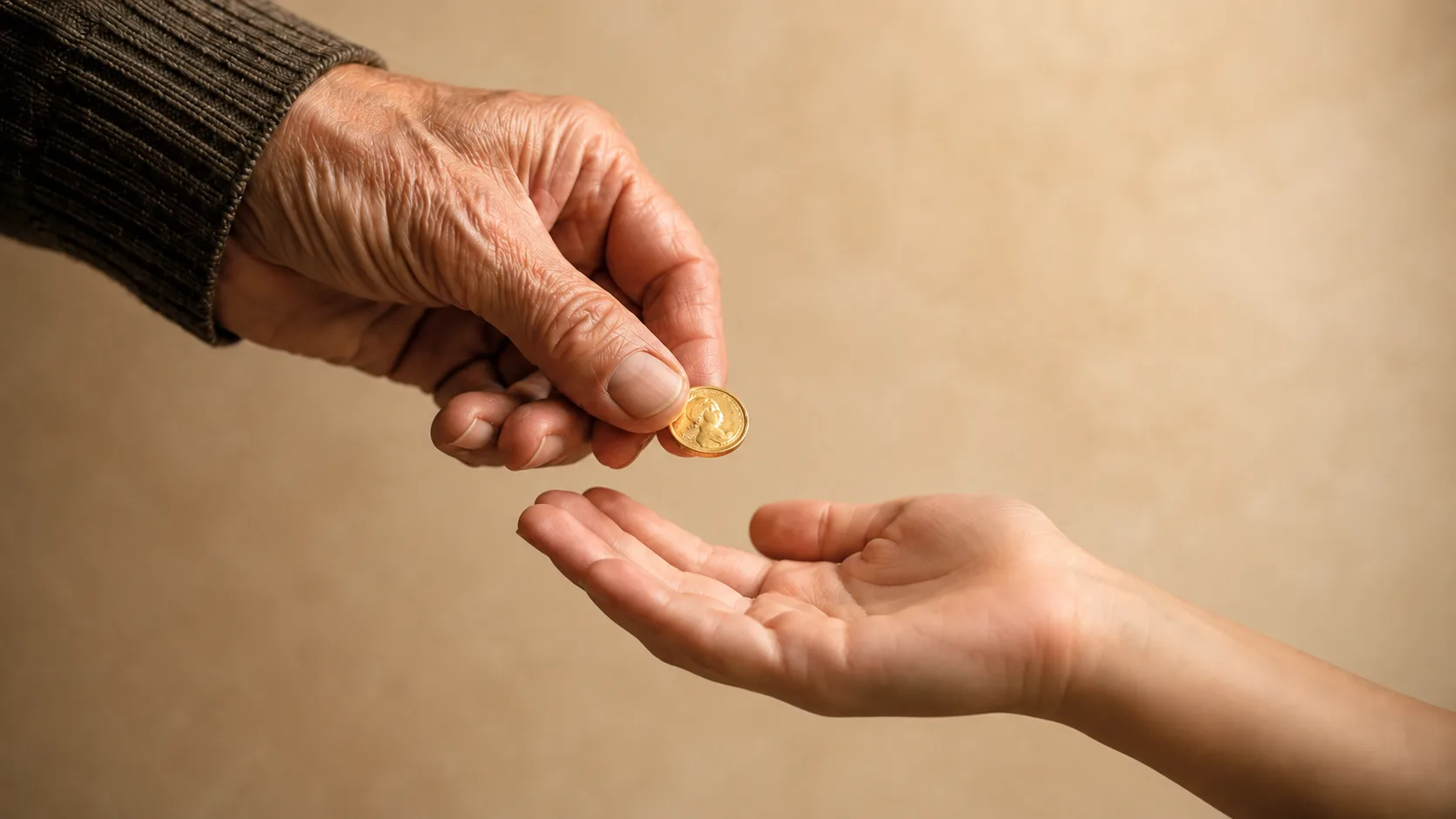 Eine Goldmünze wird von einer älteren Hand an eine jüngere Hand weitergegeben